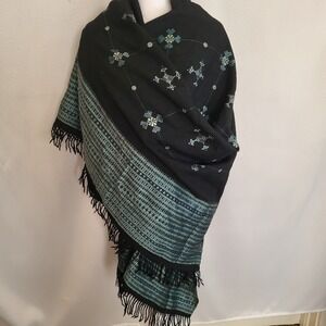 Embroidered Balochi Wool Blend Oversized Shawl 98x36 Black Blue Wrap [644]